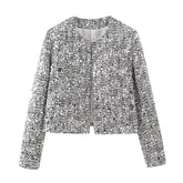 Silver Sequin Embellished Round Neck Short Coat